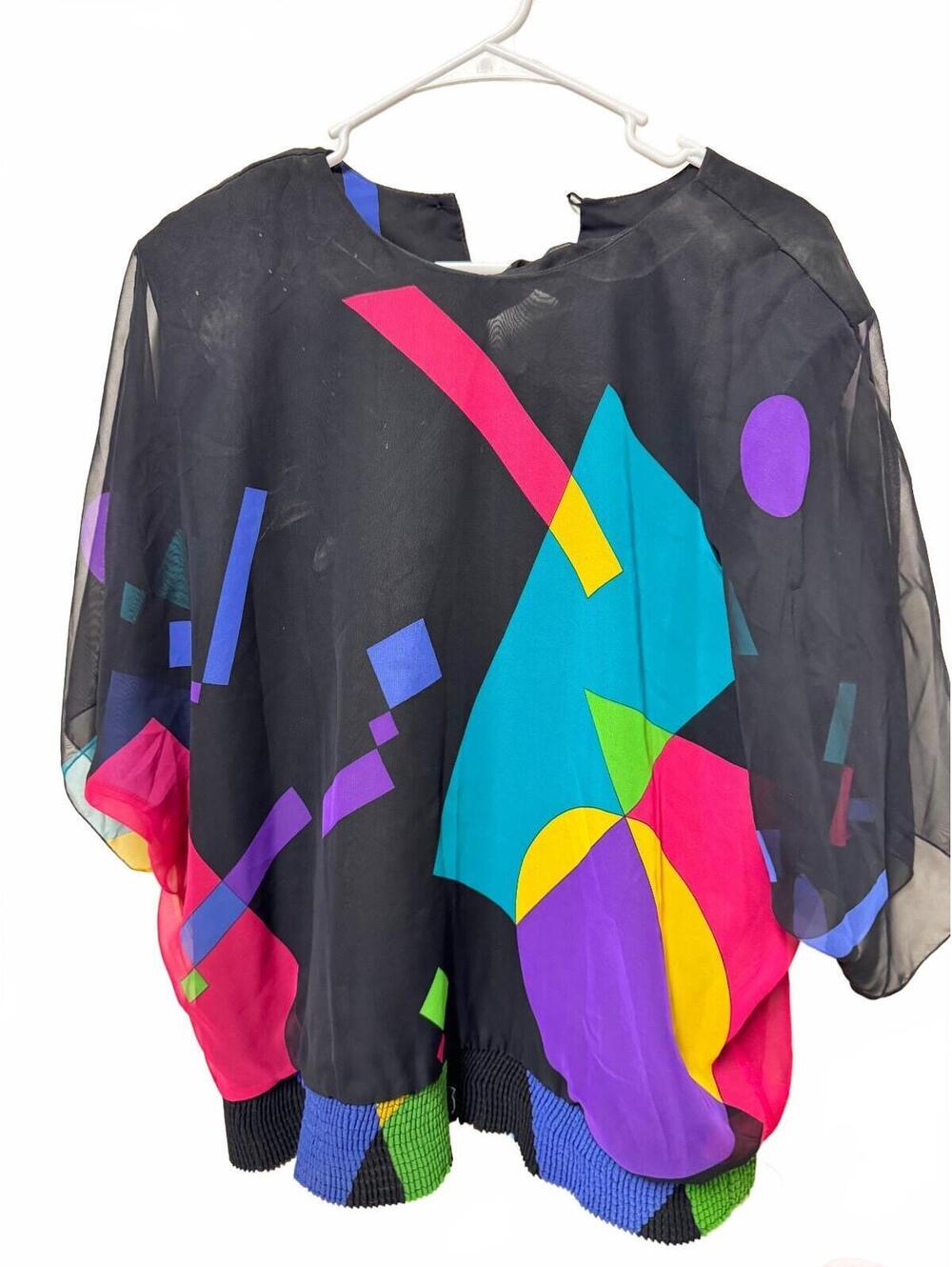 Vintage Siasia New York Sheer Geometric Short Sleeve Blouse Black Size Large